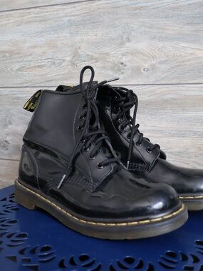 Dr. Martens 1460 Black Patent 8 Eye Lace-Up Boots with classic Yellow Stitching